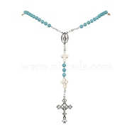 Synthetic Turquoise Rosary Bead Necklaces, Synthetic Magnesite & Alloy Cross Pendant Necklace, Antique Silver, 23.23 inch(59cm)(NJEW-TA00122-02)