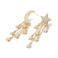Clear Cubic Zirconia Moon & Star Asymmetrical Earrings, Brass Tassel Dangle Stud Earrings for Women, Cadmium Free & Lead Free, Real 18K Gold Plated, 53.5~54mm, Pin: 0.7mm(EJEW-L261-001G)