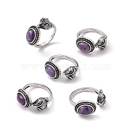 Fox Natural Charoite Cuff Rings, Open Ring, Antique Silver Tone Brass Jewelry for Women, 2.5~3mm, Inner Diameter: 
17~18mm(KK-A173-06AS-07)