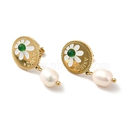 Daisy with Natural Pearl Dangle Stud Earrings, Ion Plating(IP)304 Stainless Steel Drop Earrings for Women, Golden, 28mm, Pin: 0.8mm(STAS-H175-23G)