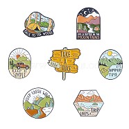 7Pcs 7 Style Outdoor Travel Word Enamel Pins, Electrophoresis Black Alloy Nature Scenery Pattern Brooches for Backpacks Clothes Hats, Mixed Color, 26.2~30.2x24~30mm, 1Pc/style(JBR094A)