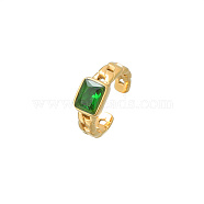 Golden Stainless Steel with Cubic Zirconia Open Cuff Ring, Rectangle, Green, Wide: 8mm(VG0935-1)