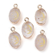 Natural Quartz Crystal Pendants, Golden Plated Brass Rock Crystal Oval Charms with Moon, 17.5x10.5x5mm, Hole: 1.6mm(G-C102-08A-G)