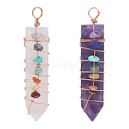 SUPERFINDINGS 2Pcs 2 Style Natural Rose Quartz & Amethyst Big Pendants, with Rose Gold Brass Findings and Mixed Stone, Arrow, 60x14x11mm, Hole: 4.8mm, 1pc/style(FIND-FH0002-83)