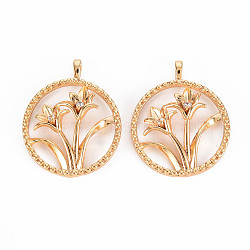 Brass Micro Pave Clear Cubic Zirconia Pendants, Nickel Free, Flat Round with Flower, Real 18K Gold Plated, 23x18.5x4.5mm, Hole: 1.6mm(X-KK-T062-188G-NF)