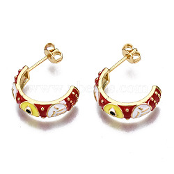 Brass Enamel Half Hoop Earrings, with Ear Nuts, Nickel Free, Letter C Shape with Evil Eye, Real 16K Gold Plated, Red, 18x5.5mm, Pin: 0.8mm(EJEW-T014-49G-02-NF)