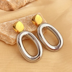 304 Stainless Steel Dangle Stud Earrings, Real 18K Gold Plated & Stainless Steel Color, Oval, 60.5x30mm(EJEW-K296-02GP-08)