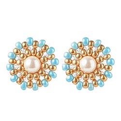 Shell Pearl & Glass Seed Braided Flower Stud Earrings, Golden 304 Stainless Steel Wire Wrap Jewelry for Women, Light Cyan, 19mm, Pin: 0.7mm(EJEW-JE04921-02)