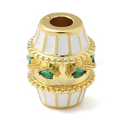 Barrel Brass Micro Pave Cubic Zirconia Spacer Beads, with Enamel, Long-Lasting Plated, Rack Plating, Lead Free and Cadmium Free, Real 18K Gold Plated, White, 11.5x14.5mm, Hole: 3.5mm(KK-U050-11G-02)