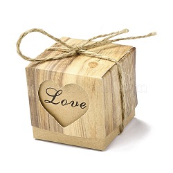 Valentine's Day Theme Paper Fold Gift Boxes, Square with Hollow out Heart & Word Love, Hemp Rope, for Presents Candies Cookies Wrapping, BurlyWood, 5x5x5cm(CON-P011-01)