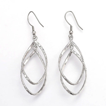 304 Stainless Steel Dangle Earrings, Carved, Horse Eye, Stainless Steel Color, 65mm, Pendant: 46x19x4mm, Pin: 0.7mm