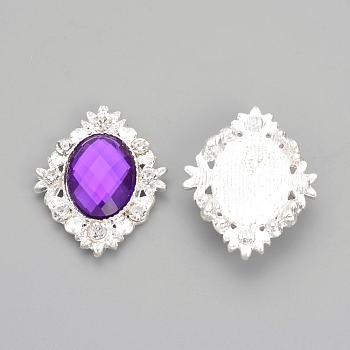 Alloy Rhinestone Flat Back Cabochons, with Acrylic Rhinestone, Oval, Silver Color Plated, Mauve, 32x25x4.5mm