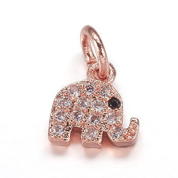 Brass Micro Pave Cubic Zirconia Pendants, Elephant, Rose Gold, 8x7.5x2mm, Hole: 3mm