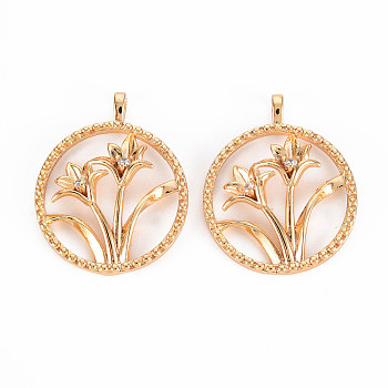 Brass Micro Pave Clear Cubic Zirconia Pendants, Nickel Free, Flat Round with Flower, Real 18K Gold Plated, 23x18.5x4.5mm, Hole: 1.6mm