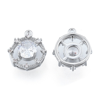 Brass Micro Pave Clear Cubic Zirconia Charms, Cadmium Free & Nickel Free & Lead Free, Octagon, Real Platinum Plated, 14x12x5mm, Hole: 1.2mm