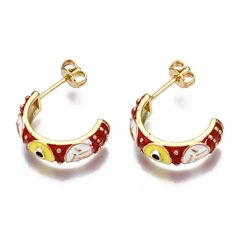 Brass Enamel Half Hoop Earrings, with Ear Nuts, Nickel Free, Letter C Shape with Evil Eye, Real 16K Gold Plated, Red, 18x5.5mm, Pin: 0.8mm