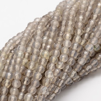 Faceted Natural Agate Round Beads Strands, Dyed, Gray, 4mm, Hole: 1mm, about 92pcs/strand, 15.3 inch