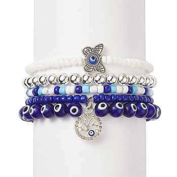 5Pcs 5 Style Evil Eye Lampwork & Glass Beaded Stretch Bracelets Set, Butterfly & Tree Alloy Charms Stackable Bracelets for Women, Blue, Inner Diameter: 2-1/8 inch(5.3~5.5cm), 1Pc/style