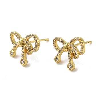 Rack Plating Brass Micro Pave Cubic Zirconia Studs Earrings, Long-Lasting Plated, Lead Free & Cadmium Free, Bowknot, Real 18K Gold Plated, 12.5x15mm