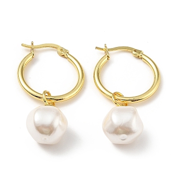 Plastic Pearl Dangle Hoop Earrings, Brass Jewelry for Women, Lead Free & Cadmium Free & Nickel Free, Real 18K Gold Plated, 38mm, Pin: 0.5mm