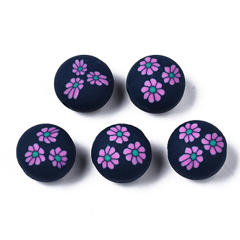 Handmade Polymer Clay Beads, for DIY Jewelry Crafts Supplies, Flat Round with Flower, Midnight Blue, 12x8.5mm, Hole: 1.6mm