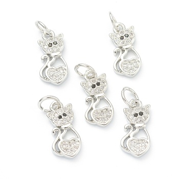Brass Clear Cubic Zirconia Charms, Long-Lasting Plated, with Jump Ring, Cat, Platinum, 14x7x2mm, Hole: 3.5mm