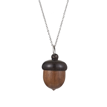 Acorns Disconnectable Ebony Wood Pendant Necklaces, with 304 Stainless Steel Cable Chains, Stainless Steel Color, 15.98 inch(40.6cm)
