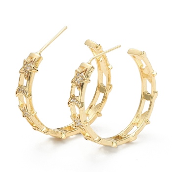 Star & Moon Brass Micro Pave Clear Cubic Zirconia Hoop Earrings, Long-Lasting Plated, Real 18K Gold Plated, 6x31mm, Pin: 0.8mm