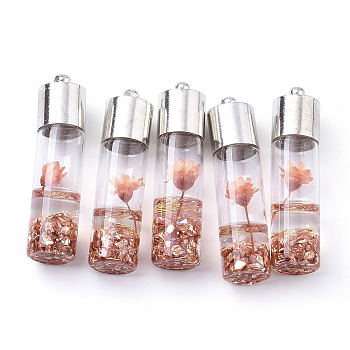 Transparent Glass Bottle Pendants, with Resin & Synthetic Gemstone & Dried Flower Inside, Brass Findings, Platinum, Coral, 44x11mm, Hole: 2mm