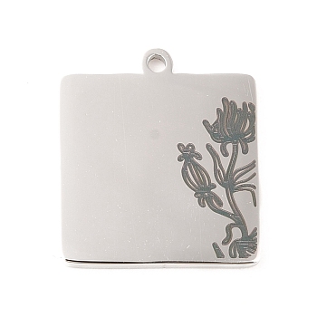 304 Stainless Steel Pendants, Square with Flower Pattern, Stainless Steel Color, 20x18x1mm, Hole: 1.5mm