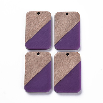 Opaque Resin & Walnut Wood Pendants, Two Tone, Rectangle, Dark Violet, 32.5x21x3mm, Hole: 2mm