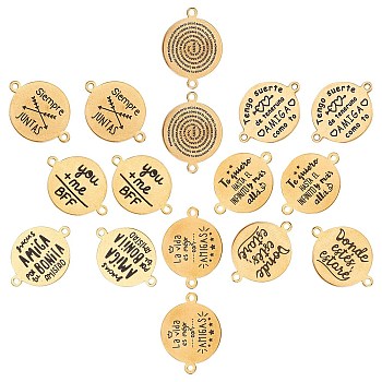 SUNNYCLUE  304 Stainless Steel Quote Links Connectors, with Enamel, Flat Round with Word, Golden, 21.5x16x1mm, Hole: 1.4mm, 8patterns, 2pcs/pattern, 16pcs/box