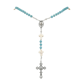 Synthetic Turquoise Rosary Bead Necklaces, Synthetic Magnesite & Alloy Cross Pendant Necklace, Antique Silver, 23.23 inch(59cm)