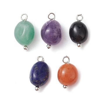 5Pcs 5 Styles Natural Mixed Tumbled Stone Nuggets Charms with Brass Loops, Natural Red Aventurine & Lapis Lazuli & Amethyst & Obsidian & Green Aventurine, Platinum, 12~14mm, Hole: 2mm, 5pcs/set