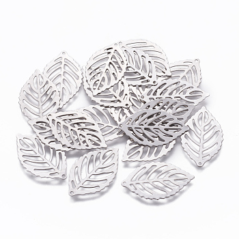 304 Stainless Steel Pendants, Leaf, Stainless Steel Color, 24x14x0.5mm, Hole: 0.8mm