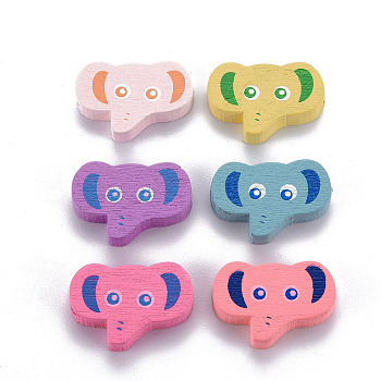 6 Styles Printed Natural Wooden Beads, Dyed, Elephant, Mixed Color, 16x24x4.5mm, Hole: 2mm, about 805pcs/500g