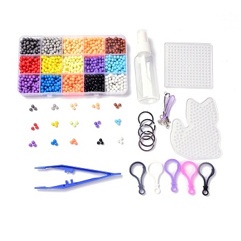 DIY Keychain & Phone Strap Making Kits, Round Plastic Beads, Animal & Square ABC Plastic Pegboards, Plastic Tweezers & Clasp Findings, Iron Split Key Rings & Strap, Mixed Color, 5mm