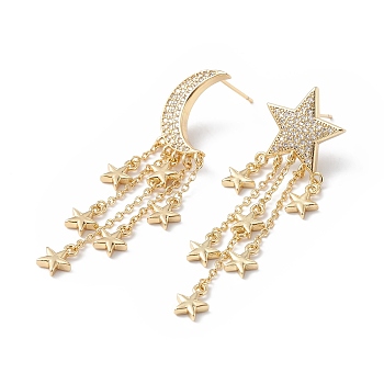 Clear Cubic Zirconia Moon & Star Asymmetrical Earrings, Brass Tassel Dangle Stud Earrings for Women, Cadmium Free & Lead Free, Real 18K Gold Plated, 53.5~54mm, Pin: 0.7mm