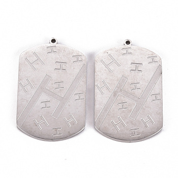 201 Stainless Steel Pendants, Laser Cut, Rectangle with Letter H, Stainless Steel Color, 32x20x2mm, Hole: 1.2mm