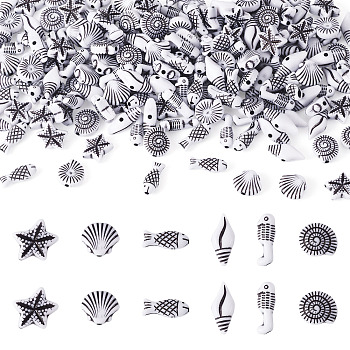 200G Marine Organism Opaque Acrylic Beads, Mixed Shapes, White, 10~16x5~12x4.5~5mm, Hole: 1.4mm
