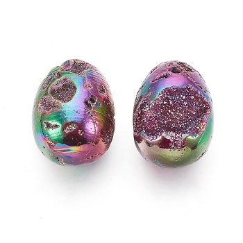 Electroplated Natural Druzy Geode Quartz Home Display Decorations, Multi-color Plated, Egg Stone, For Easter, Multi-color Plated, 40~41x30mm