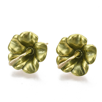 Spray Painted Alloy Stud Earring Findings, with Stainless Steel Pins and Loop, Flower, Golden, Olive, 18x18mm, Hole: 1.4mm, Pin: 1mm