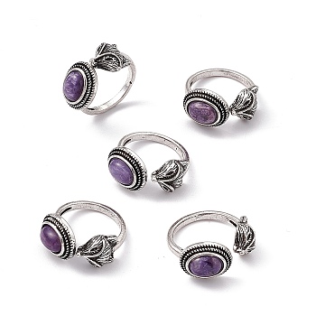 Fox Natural Charoite Cuff Rings, Open Ring, Antique Silver Tone Brass Jewelry for Women, 2.5~3mm, Inner Diameter: 
17~18mm