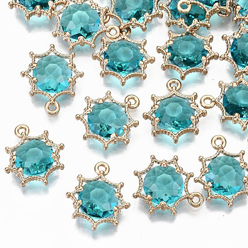 Faceted Glass Pendants, with Eco-Friendly Alloy Findings, Cadmium Free & Nickel Free & Lead Free, Faceted, Flower, Light Gold, Deep Sky Blue, 15x13x4mm, Hole: 1.6mm