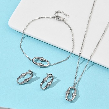 Oval 304 Stainless Steel  Pendant Necklacrs & Stud Earring & Link Bracelet Sets, Stainless Steel Color, 18.5x12mm