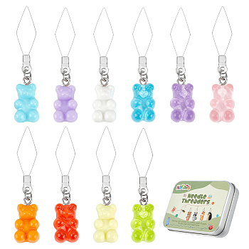 20Pcs 10 Colors 304 Stainless Steel Threaders, with Resin Bear Pendant, Mixed Color, 53mm, 2pcs/color