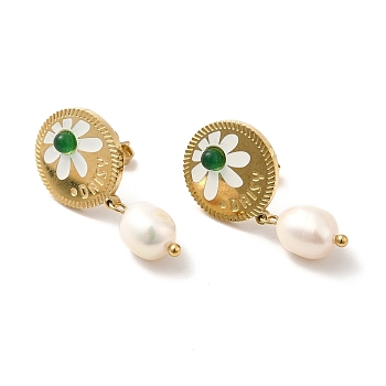 Daisy with Natural Pearl Dangle Stud Earrings, Ion Plating(IP)304 Stainless Steel Drop Earrings for Women, Golden, 28mm, Pin: 0.8mm