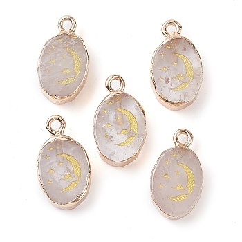 Natural Quartz Crystal Pendants, Golden Plated Brass Rock Crystal Oval Charms with Moon, 17.5x10.5x5mm, Hole: 1.6mm