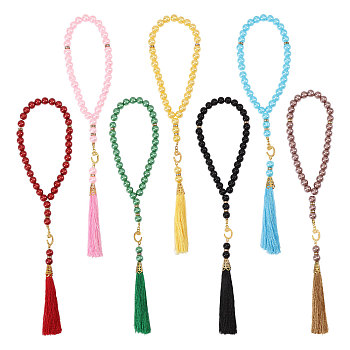 7Pcs 7 Colors Muslim Islamic Prayer Rosary Bracelets, Glass Pearl Beads Charm Bracelets, with Polyester Tassel & Alloy Rhinestone Beads, Mixed Color, Inner Diameter: 3-5/8 inch(9.3cm), 1pc/color