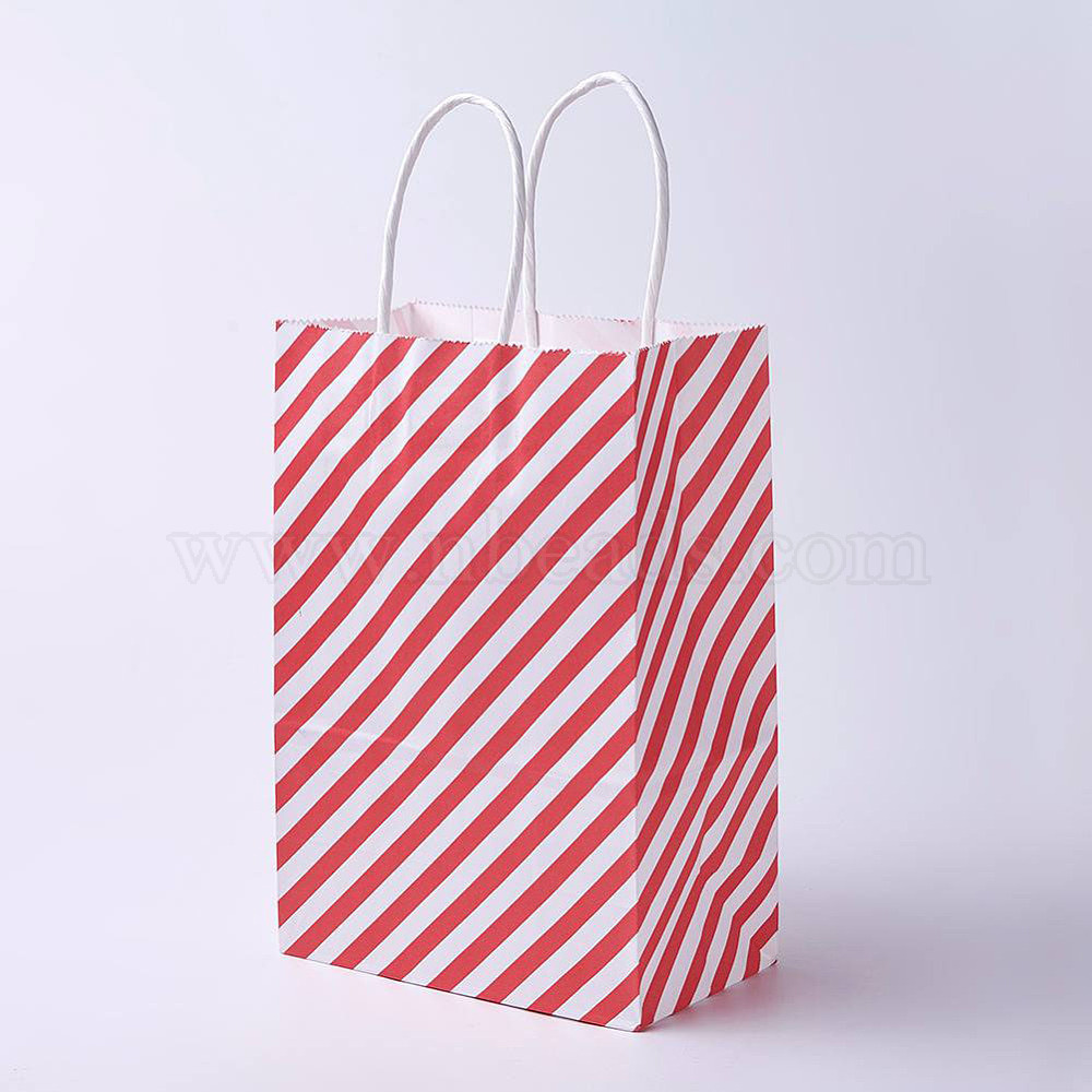 Download Kraft Paper Bags With Handles Gift Bags Shopping Bags Rectangle Diagonal Stripe Pattern Red 33x26x12cm